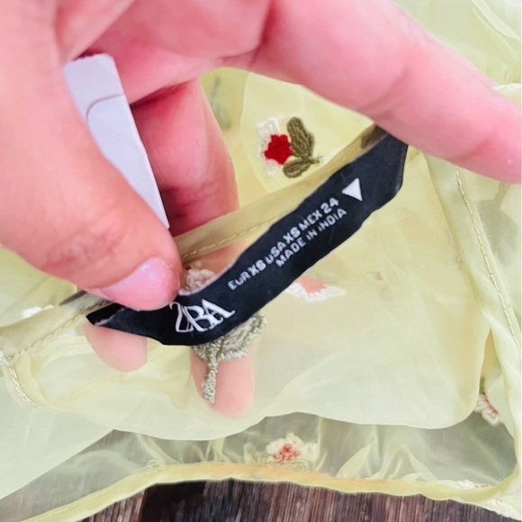 Zara Sheer Floral Puff Sleeve Top XS | Pistachio Green Romantic Euro Chic - Picture 5 of 5